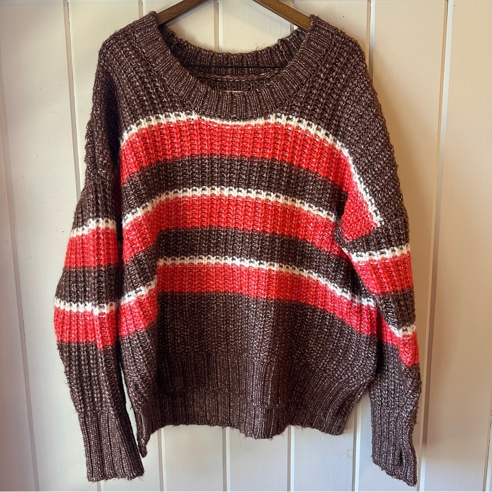 Women’s Aerie Brown and Red Striped Crew Neck Sweater, Size Medium, Like New